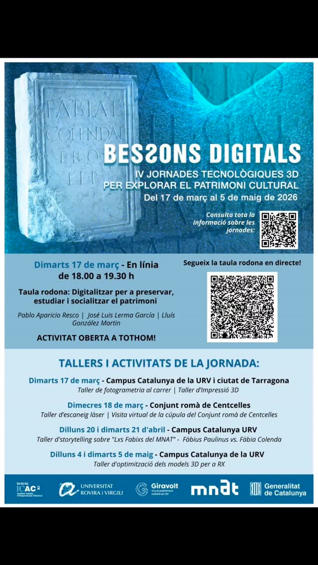 Por cuarto año consecutivo, organizando las jornadas sobre gemelos digitales y tecnologías 3D para explorar el patrimonio cultural, con mis colegas del H-Lab y el apoyo constante de @mnattgn y #giravolt3d
-
@universitaturv
@lletresurv
@humanitatsdigitals
@ignaciofiz
@pere_punyetes
#MerceGrau
#AndreaMartin