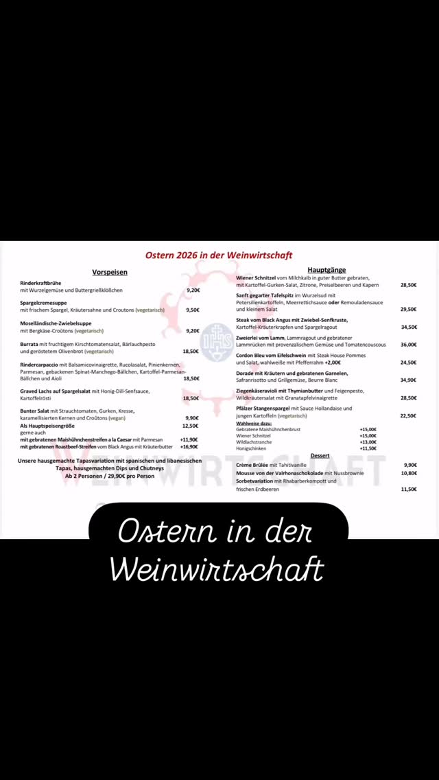 Ostern in der @weinwirtschaft_fw . Reserviert schnell noch Euren Tisch.
#essenintrier #weinwirtschafttrier #weinwirtschaft #ostermenü #ostern