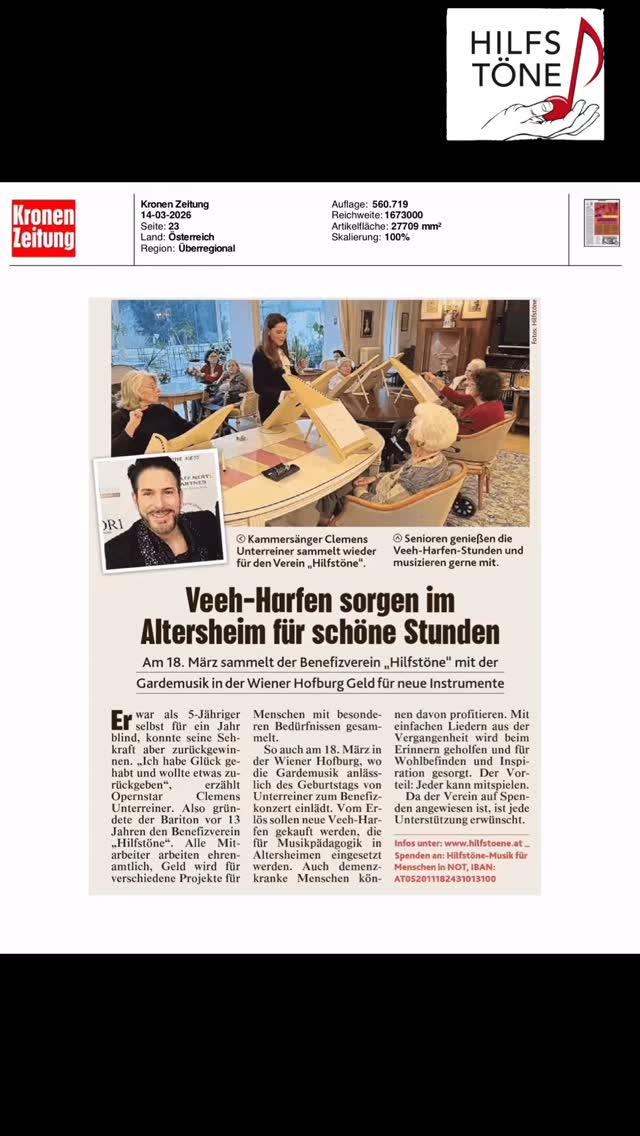 INKLUSION & MusikHILFE 🎶
Am 18. März sammeln wir beim großen Geburtstags Konzert von Clemens Unterreiner mit der Gardemusik in der Wiener Hofburg Geld für Menschen in Not - für neue Veeh-Harfen - MusikGeragogik - Inklusion in Kunst & Kultur und VIELES MEHR 🎶 Karten unter ℹ️ karten@diegarde.at 👍 DANKE an die Ombudsfrau der KRONE @claudiastoeckl_official @kronen.zeitung 📰 und natürlich der Gardemusik @diegarde 🎶 🎺 @hilfstoene @Clemens Unterreiner #ClemensUnterreiner #hilfstöne #kronenzeitung #birthday #bundesheer 📸©️KRONE | Die Garde | HILFSTÖNE | CU