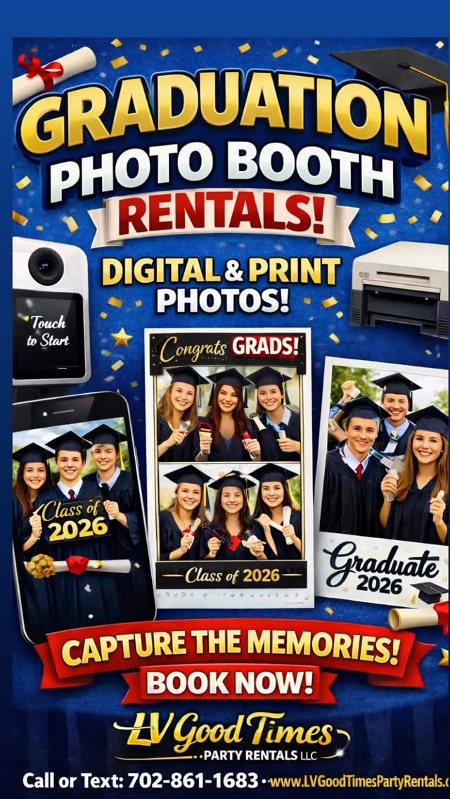🎓✨ GRAD SEASON IS HERE — Let’s Celebrate BIG! ✨🎓
Make your graduation party unforgettable with LV Good Times Party Rentals LLC 📸
We offer:
🎉 Digital Photo Booths (unlimited sharing – text, Airdrop & QR code)
🖨️ Instant Print Booths (take-home memories!)
🎓 Custom graduation templates (Class of 2026 ready!)
🎁 Fun add-ons: guest books, keychains & more
Perfect for grad parties, family celebrations & school events 💫
Let your guests capture every moment in style!
📲 Call/Text: 702-861-1683
🌐 www.lvgoodtimespartyrentals.com