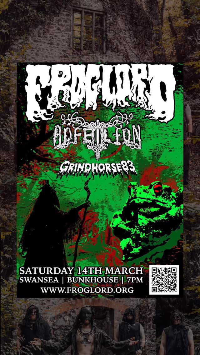TONIGHT: 𝐅𝐑𝐎𝐆𝐋𝐎𝐑𝐃
The environmentally-driven, amphibious swamp doom 4-piece join us on their UK tour! 🐸🔥
Critically acclaimed and previous Metal 2 The Masses winners, they emerge from deep within the mystic swamps of Bristol, bringing their powerful blend of heavy sludgy grooves and foot-stomping, fuzzy psych doom elements.
For fans of: Conan, Monolord and Weedeater.
‘Smoky riffs, catchiness and weird songs about amphibians…what more could you want?’ - Metal Injection
‘Brilliant, with a skill in thick doom riffs and stoned-psych’ - KERRANG!
@froglordband are joined by special guests:
• ADFEILION - Post-metal folk (S Wales) @adfeilion
• GRINDHORSE83 - Surfsploitation Horror Rock (S Wales) @grindhorse83
🕖 Doors 19:00
GET TICKETS ➤ tinyurl.com/froglord-swansea / thebunkhouseswansea.com / Link in Bio