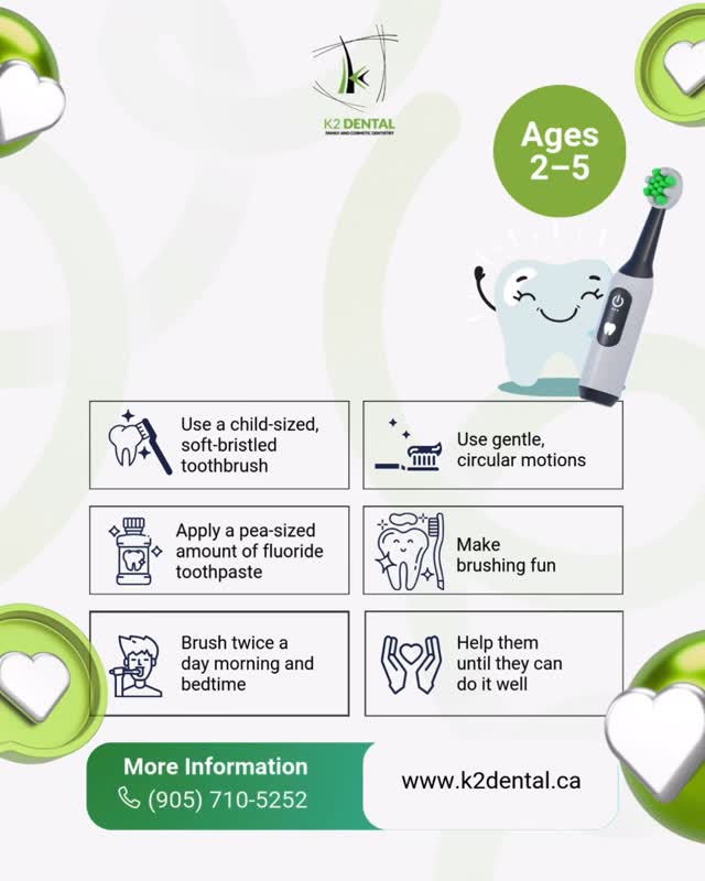 ✔️Start healthy habits early! 🦷
For ages 2–5, use a soft brush, a pea-sized amount of fluoride toothpaste, and gentle circles twice a day. Make it fun and help until they’ve got it!💚
Book your child’s dental checkup today and set them up for a lifetime of healthy smiles! 🦷
📞Call (905) 710-5252
🌐www.k2dental.ca to get started!
#HealthySmiles #KidsDentalCare #BrushingTips #ToddlerTeeth #FamilyDentistry