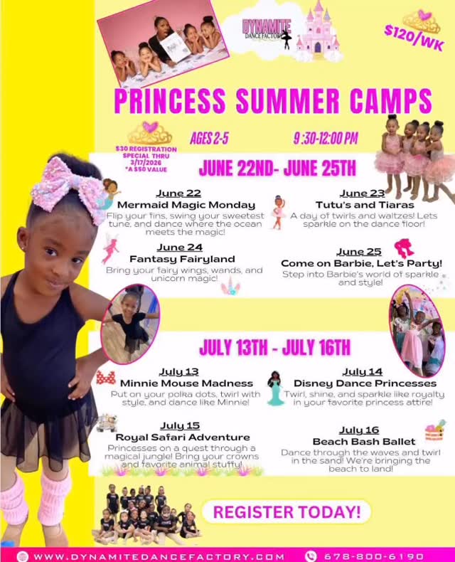 ✨👑 Calling all little princesses! 👑✨
The most magical summer ever is waiting at Princess Summer Camps 💖🩰 From mermaids to Barbie parties, tutus to fairylands… every day is a new adventure full of dancing, imagination, and FUN!
Spots are LIMITED and camps fill up fast—don’t miss your chance to let your little one shine, twirl, and make unforgettable memories this summer 🌸✨
💕 Ages 2–5
🕤 9:30 AM – 12 PM
🎀 Themed days + dress-up fun + dance magic
👉 Secure your spot NOW at the link in our bio under SUMMER PRINCESS CAMPS ✅
#PrincessCamp #SummerDance #TinyDancers #MomLife #DanceCamp PrincessVibes AtlantaKids RegisterNow