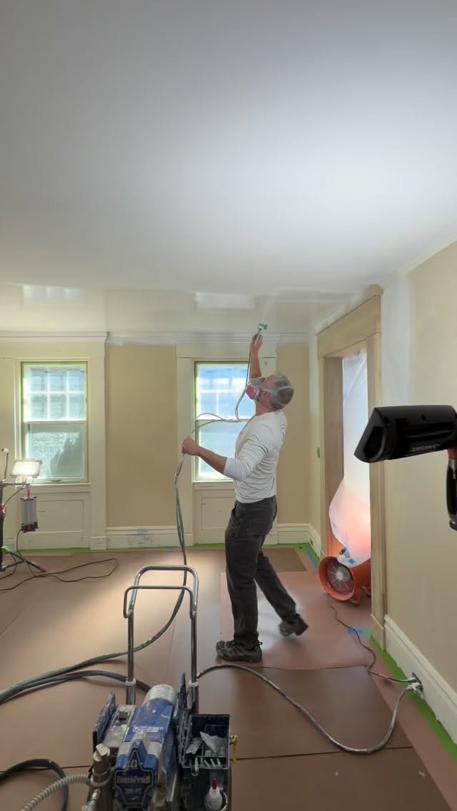 When bossman still gets down & dirty spraying a @finepaintsofeurope universal high gloss primer, can’t wait to show you the final results of this beautiful room! Stay tuned.
