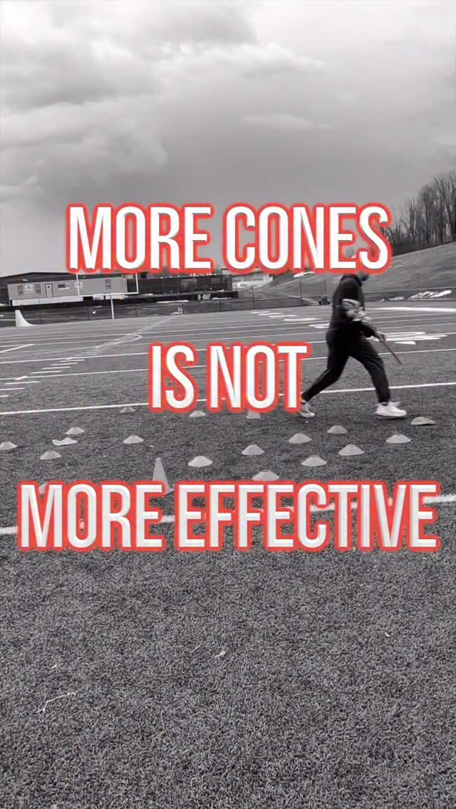 You don’t need to have a lot of cones and props to make it an effective drill! I’ve seen some coaches with very intricate setups for drills, but in my opinion aren’t as effective as a similar drill that might only require 1 or 2 cones.
When you overload a drill with a bunch of cones, hurdles, and ladders, it is does a few things:
1. It forces the athlete to spend the entire drill looking at the ground to make sure they are at the right spot rather than having their head up during the movements.
2. The athletes place their feet where the cones are instead of where they should naturally go. If the cones are too tight or too spaced out the athletes aren’t going to be as explosive.
3. Setting up cones takes time, and time is precious when you have a training session. If it takes a couple minutes to set up, then a couple more minutes to explain it all, you’re missing out on valuable time for reps and feedback.
I’m not saying never use cones, but to try and use them to compliment the movement pattern you’re trying to improve.