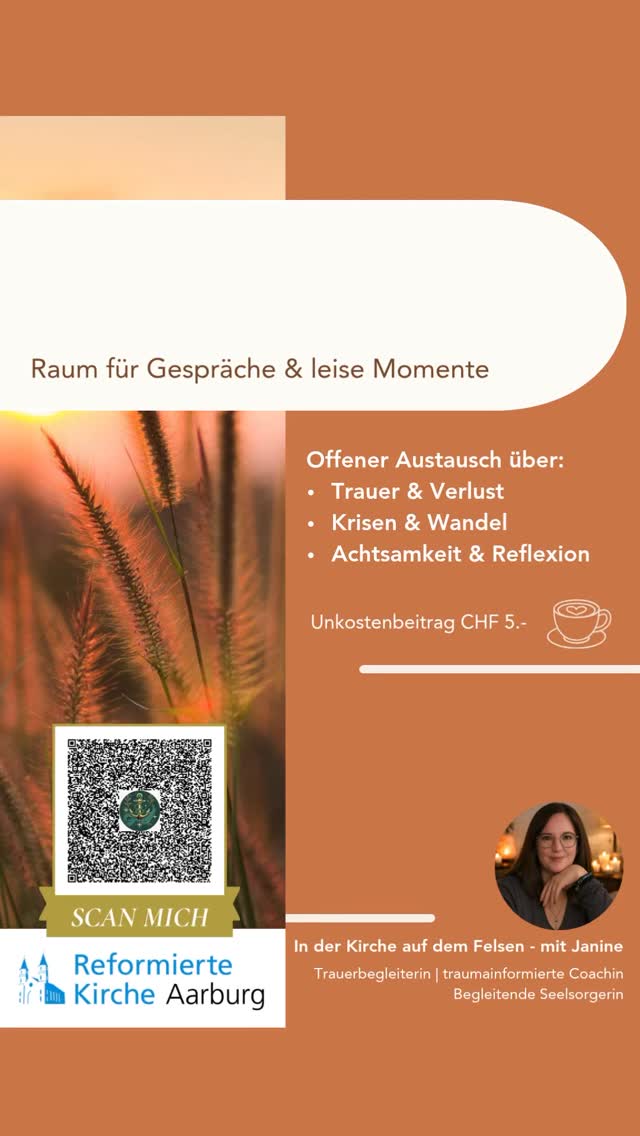 🫶 Manchmal hilft es schon, nicht alleine zu sein mit dem, was gerade schwer ist.
👉 Genau dafür gibt es jetzt einen neuen Ort in Aarburg.
💫 LEBENSGEFLÜSTER
Ein Raum, in dem du ankommen darfst.
Ohne Druck.
Ohne Erwartungen.
Ohne funktionieren zu müssen.
💛 Hier kannst du…
– aussprechen, was dich bewegt
– einfach zuhören und spüren „ich bin nicht allein“
– einen Moment zur Ruhe kommen
– Verständnis und echte Begegnung erleben
Für Menschen in
🖤 Trauer & Verlust
⛈️ Krisen & Veränderungsphasen
🌋 herausfordernden oder belastenden Erfahrungen
👉🏻 Für jung & alt – auch für junge Menschen,
die oft keinen Raum für ihre Trauer finden.
🗓 Jeden letzten Dienstag im Monat
🕑 14:00 – 16:00 Uhr
📍 Kirche auf dem Felsen, Aarburg
✨ Neues Angebot
✨ Offen für alle
✨ Gerne mit Anmeldung - Qr Code scannen
🫂 Du darfst kommen, wie du bist.
Und gehen mit dem Gefühl:
👉 Ich muss das nicht alleine tragen.
Vielleicht ist es genau das,
was du – oder jemand in deinem Umfeld – gerade brauchst.
💛 Darf gerne geteilt werden. Danke für eure Unterstützung - Janine. #trauerbegleitung #ankerhalt #aarburg #trauerundverlust #trauercafé