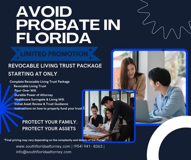 Most families don’t realize their estate will go through probate until it’s too late.
Probate in Florida can take months or even years and the process becomes public record.
A Revocable Living Trust helps your loved ones avoid probate and transfer assets faster.
We’re currently offering a Revocable Living Trust Package starting at $4,000.*
Includes your trust, will, power of attorney, healthcare directives and guidance on funding your trust.
📞 Call 954-941-8363
or visit SouthFloridaAttorney.com
Protect your family. Plan ahead.
*Final pricing may vary depending on the complexity and details of the matter.
#EstatePlanningFlorida
#AvoidProbate
#LivingTrust
#FloridaEstatePlanning
#TrustAttorney
#SouthFloridaAttorney
#ProtectYourFamily
#AssetProtection
#FloridaLawyer
#ProbateAttorney #Floridawills #floridaprobate #floridacats #floridadogs #pompanobeach #floridalawyer #PersonalInjury
#KnowYourRights
#SouthFloridaAttorney
#PompanoBeachLawyer
#BrowardCountyLawyer
#AccidentLawyer
#InjuryAttorney
#CarAccidentLawyer
#FloridaLawyer
#LegalAdvice
#JusticeForInjured
#LawFirmLife