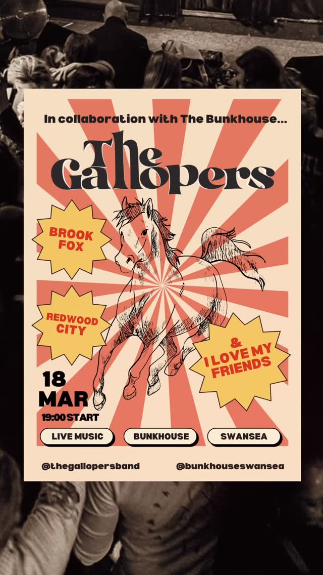 WEDNESDAY: ð»ð¯ð¬ ð®ðšð³ð³ð¶ð·ð¬ð¹ðº
The Welsh indie alt-rock outfit celebrate a Bunkhouse debut headliner! ð¥
@thegallopersband are here with new music tomorrow and are joined by special guests:
⢠BROOK FOX - Indie pop-rock (SW Wales) @brookfoxmusic
⢠REDWOOD CITY - Alt-indie (S Wales) @redwoodcityuk
⢠I LOVE MY FRIENDS - Dreamy DIY indie (Cardiff) @ilovemyfriends_band
ð Doors 18.00
GET TICKETS †thebunkhouseswansea.com / Link in Bio