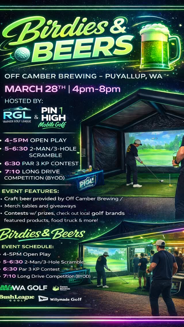 Come join us for a new style of golf event where you play, compete & WIN 🏆 @ Off Camber Brewing in Puyallup on March 28th from 4pm-8pm 🤘😆🤘
💯Free to attend
🤌Sign ups in-person from 4-5pm (open play)
⛳️Single elimination 2-man/3-hole scramble
(W/ KP & long drive comps to follow!)
Fun, friends, competition, and GOLF (plus beer and Philly cheesesteaks 😌) this is (hopefully) the first of many events like this & we’re excited to meet you all and get your feedback on how we run these in the future!
Cheers! 🍻
#mobilegolfsimulator #partytime #pnwevents