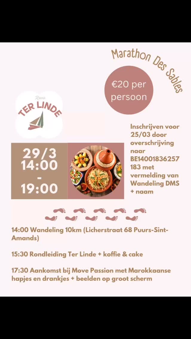 Kom jij meestappen voor het goede doel? Op 29/3 zwaaien we Bruce en Frank van @gofit.be uit die ten voordele van ons de Marathon Des Sables gaan doen. Dit doen we door eerst zelf onze stapschoenen aan te trekken en daarna lekker te ontspannen met Marokkaanse hapjes. Tussendoor is er een stop in ons nieuw centrum!
Steun jij mee? 🥾