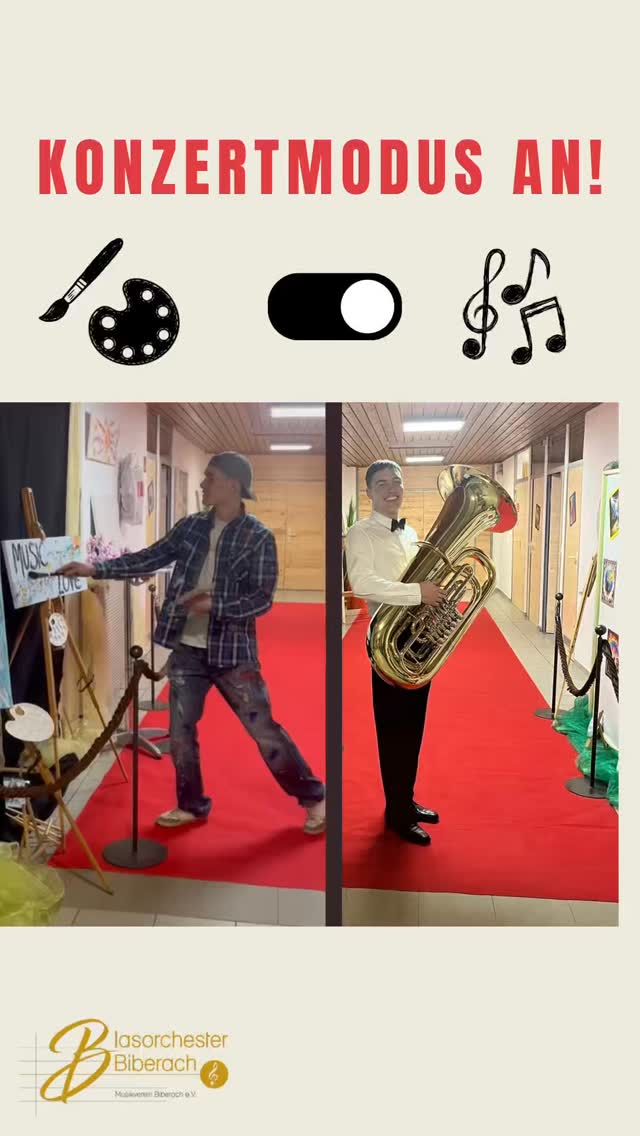 Vom Künstler-Modus👨🏻🎨🎨 in den Konzert-Modus🤵🏻♂️🎶
Unsere Ausstellungsstücke sind fertiggestellt🖼️ Die Ausstellungsräume werden heute noch für euch vorbereitet, bevor es heute Abend heißt „Klang - Farben - Spiel, die Ausstellung ist eröffnet“🎶✨
Freut euch auf einem tollen Konzertabend mit dem Blasorchester Biberach unter musikalischer Leitung von Axel Berger🎶
Für Kurzentschlossene gibt es noch Karten an der Abendkasse😉🎟️