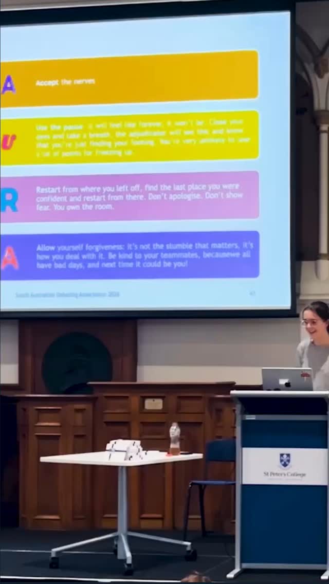 Isabella’s AURA method for Manner (+ general tips on what to tell yourself or your teammates when you lose nerves on the debate floor!)
From the first Education Evening: Debating Fundamentals, held on 16 March 2026. Full video recording of the session is now on our YouTube channel.