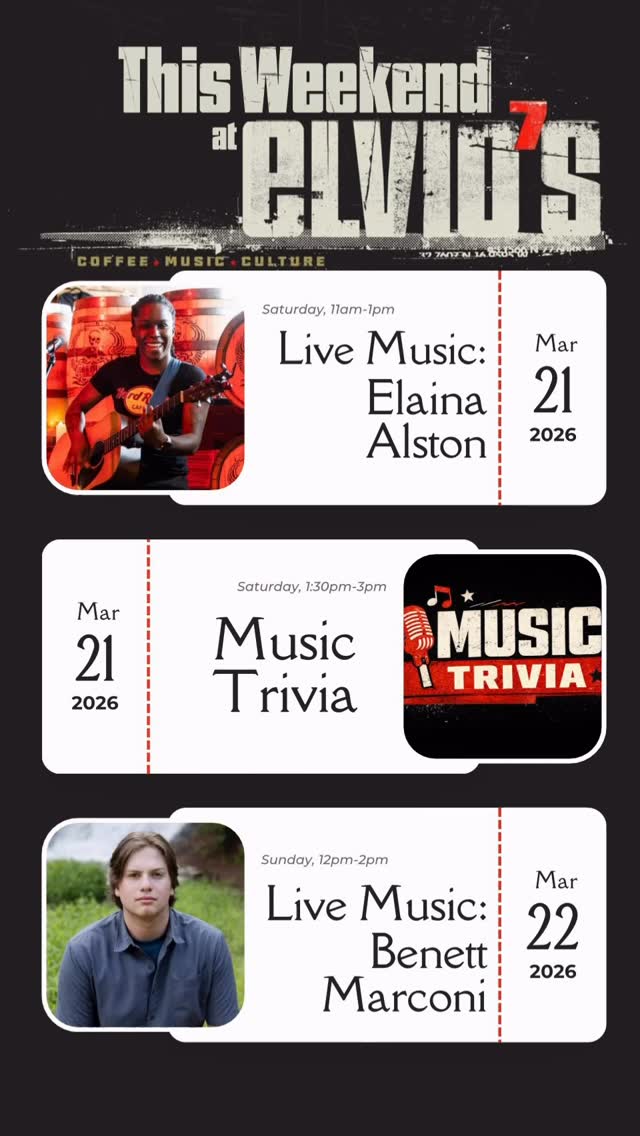 This Weekend at Elvio’s
Saturday 11am-1pm
Live Music with Elaina Alston
Saturday 1:30pm-3pm
Music Trivia
Sunday 12pm-2pm
Live Music with Benett Marconi
On the Bay. 1350 Empire Blvd
#ElviosCoffee #RochesterNY #LiveMusic #CoffeeCulture #WeekendPlans