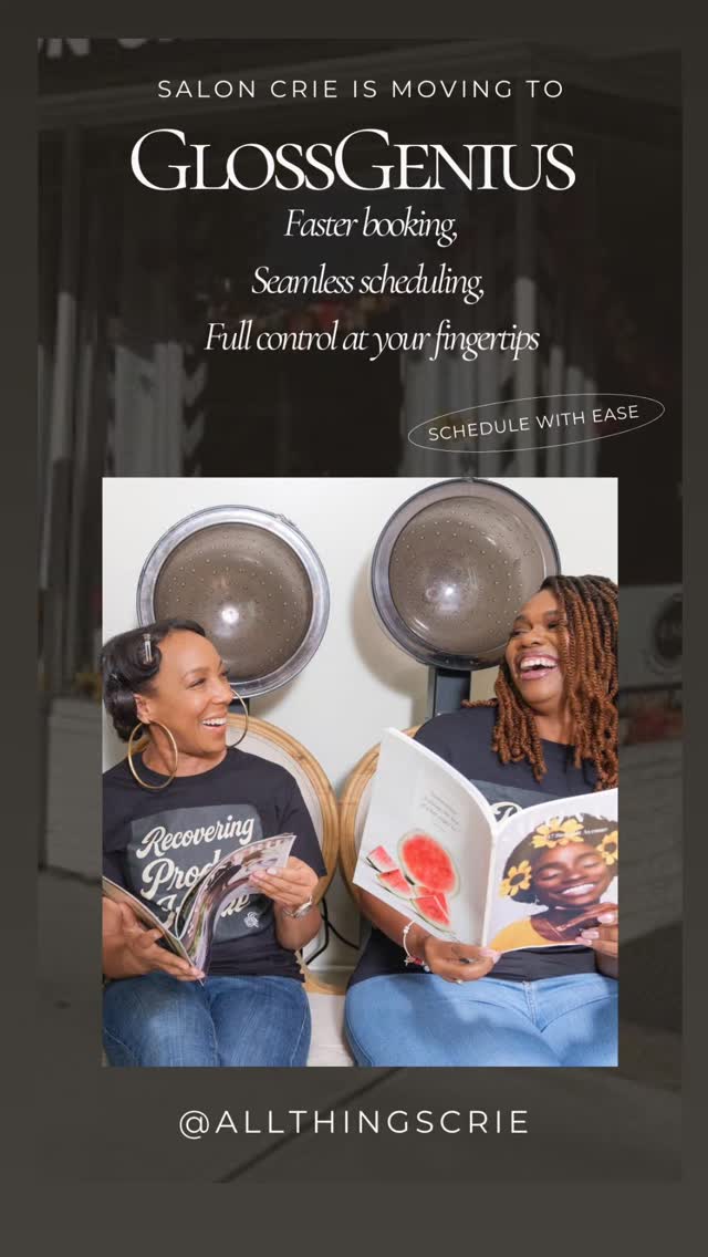 We’re elevating your Salon Crie experience ✨
Booking your appointments is now faster, smoother, and designed with your time in mind.
We’ve officially moved to GlossGenius to give you:
• Seamless scheduling
• Easy rescheduling
• Full control over your appointments
Your time matters here, and this is one more way we’re honoring it.
Tap the link in bio to book your next visit and experience the difference.
#SalonCrie #AllThingsCrie #CrieNatural #TextureCare #GreensboroSalon BookWithEase TimeFactor