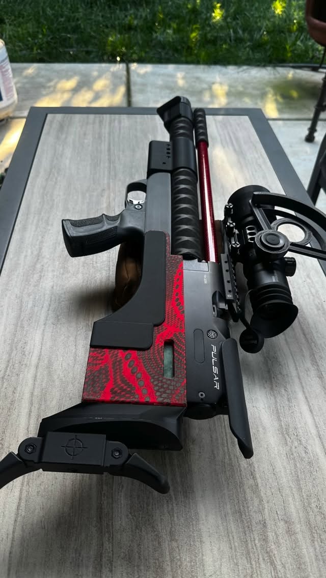 Daystate Pulsar reimagined. I purchased this preowned. It came with the synthetic stock. I love my #daystateredwolf carbine (12” LW barrel) and this is the same gun in bullpup platform. It didn’t quite feel right. I love my Taipan mutant bullpup and expected it to feel the same but the weight was off- here’s what I came up with, it feels right to me now. Might even take it turkey hunting in a week or two. Here it is with 12” barrel, tensioned carbon fiber shroud. The original stock removed and refitted with ASA printed stock and accessories. After removing heavy barrel, scope rail, shroud, butt stock, foregrip and butt plate… I shaved off about 3 1/2 pounds. Still need to figure out the foregrip, I want a nice shelf resting right in front of the trigger guard for offhand shots. #daystatepulsar #daystate #airgunshooting #fieldtarget
