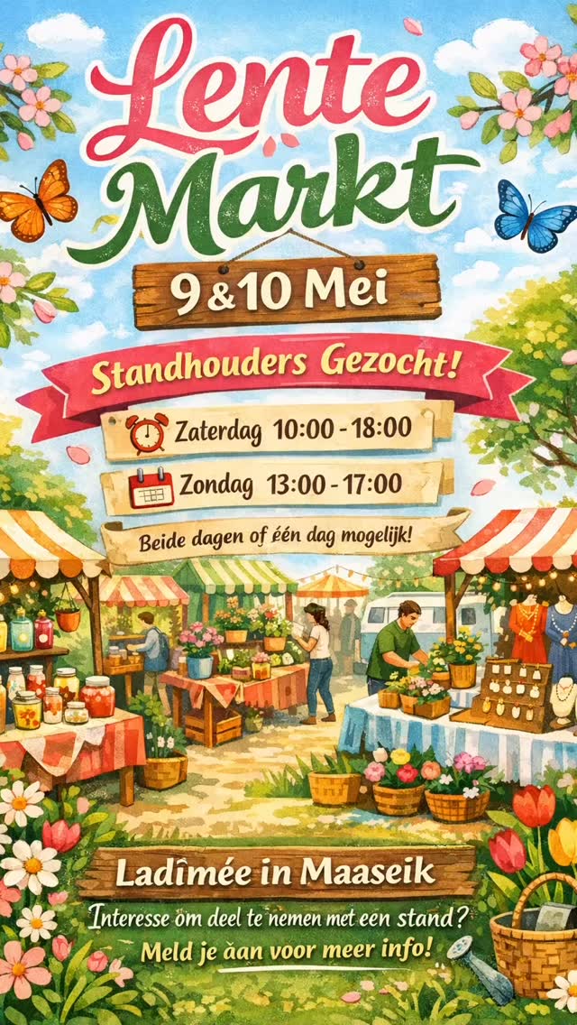 Hallo! 😊
In het weekend van 9 & 10 mei organiseer ik een gezellige Lente Markt bij Ladîmée in Maaseik en ik ben nog op zoek naar leuke standhouders.
🗓 Zaterdag 9 mei — 10u tot 18u
🗓 Zondag 10 mei — 13u tot 17u
Je kan beide dagen of één dag deelnemen en de standplaats is gratis.
Heb je interesse om met een stand aanwezig te zijn? Stuur gerust een berichtje voor meer info! 🌷