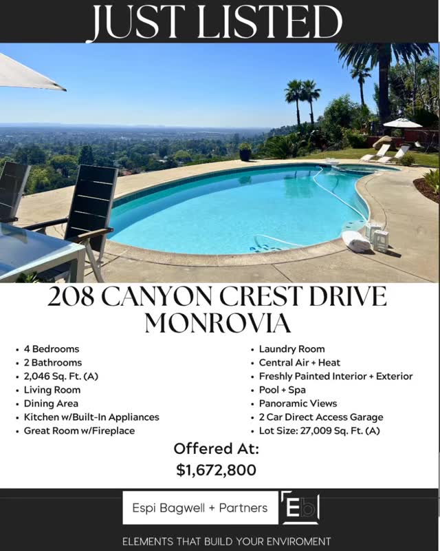 ✨JUST LISTED✨
208 Canyon Crest Drive, Monrovia
Where comfort meets breathtaking views. This home offers the perfect blend of space, style, and serenity - an incredible opportunity to create your dream home in a prime location!
• 4 Bedrooms
• 2 Bathrooms
• 2,046 Sq. Ft. of living space
• Expansive 27,009 Sq. Ft. lot
• Bright living + dining areas
• Great room with cozy fireplace
• Kitchen with built-in appliances
• Freshly painted inside & out
• Central air + heat
• Pool & spa for ultimate relaxation
• Panoramic views you’ll never get tired of
• 2-car direct access garage
Offered at $1,672,800
Your private retreat in the hills awaits!
DM for a showing 📩
Listed by Espi Bagwell + Partners
#MonroviaHomes #JustListed #CaliforniaRealEstate #LuxuryLiving #DreamHome