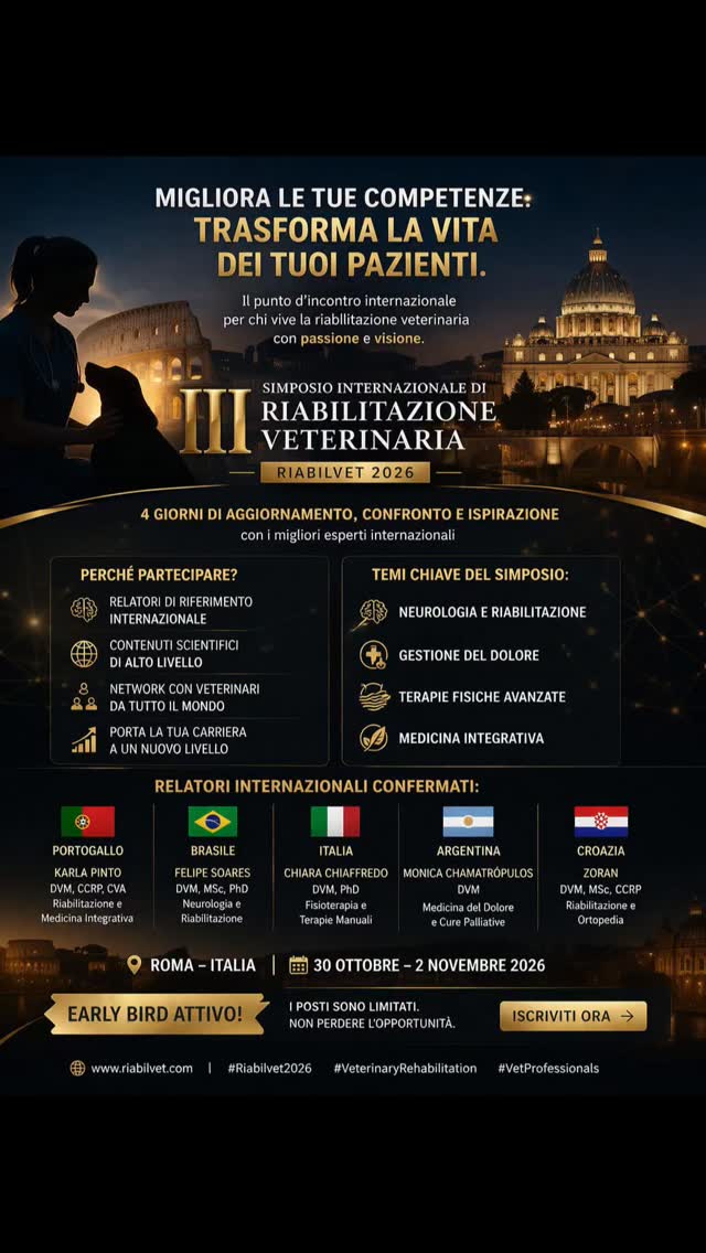 🌍 Questo non è un evento. È un punto di svolta.
Ci sono due tipi di professionisti:
Quelli che continuano a fare sempre le stesse cose…
E quelli che decidono di evolvere.
🧠 La verità che pochi dicono
La riabilitazione veterinaria sta cambiando.
Non basta più conoscere una tecnica.
Non basta più fare fisioterapia “di base”.
Oggi servono:
✔ visione multidisciplinare
✔ integrazione tra neurologia, dolore e riabilitazione
✔ aggiornamento continuo
✔ confronto internazionale
🚀 Ed è qui che entra RIABILVET
Il III Simposio Internazionale di Riabilitazione Veterinaria – RIABILVET 2026 è stato creato per chi vuole:
👉 uscire dalla media
👉 aggiornarsi davvero
👉 entrare in una rete internazionale
👉 lavorare meglio, con più risultati
🌎 Non sarai solo
A Roma incontrerai professionisti da:
🇮🇹 Italia
🇧🇷 Brasile
🇵🇹 Portogallo
🇦🇷 Argentina
🇭🇷 Croazia
E relatori che lavorano ogni giorno con:
🧠 neurologia
💉 dolore
🌿 medicina integrata
🎗 cure palliative
⚠️ Ma attenzione
Non è per tutti.
È per chi è disposto a mettersi in discussione
e fare un vero salto di livello.
🎟️ EARLY BIRD ATTIVO
I posti stanno andando.
E chi arriva dopo… paga di più.
👉 Iscriviti ora
📍 Roma
📅 30 ottobre – 2 novembre 2026
💬 Tra un anno sarai nello stesso punto…
o un passo avanti?
La scelta è tua.
#Riabilvet2026
#Veterinaria
#VeterinaryRehabilitation
#VeterinaryMedicine
#VetLife
VeterinaryEducation
CrescitaProfessionale