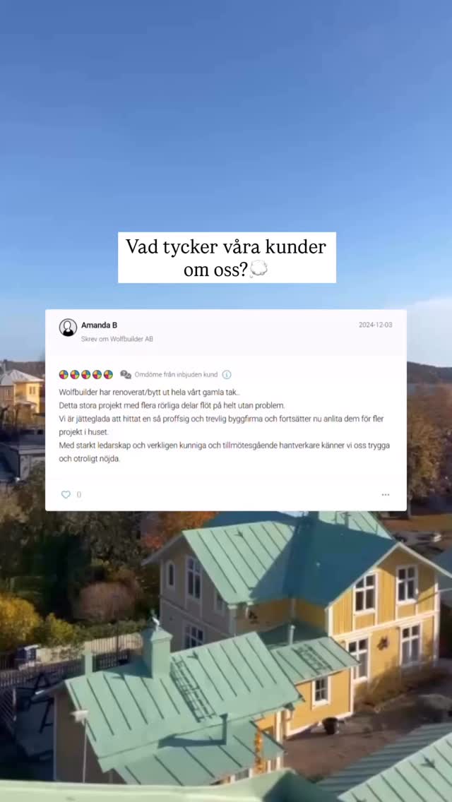 Vi blir alltid glada när våra kunder delar med sig av sina upplevelser✨
Så här skriver Amanda om sin takrenovering i Vaxholm:
”Wolfbuilder har renoverat/bytt ut hela vårt gamla tak.. Detta stora projekt med flera rörliga delar flöt på helt utan problem. Vi är jätteglada att hittat en så proffsig och trevlig byggfirma och fortsätter nu anlita dem för fler projekt i huset. Med starkt ledarskap och verkligen kunniga och tillmötesgående hantverkare känner vi oss trygga och otroligt nöjda.”
Stort tack för era fina ord 💛
Film Wolfbuilder AB @antecimex
