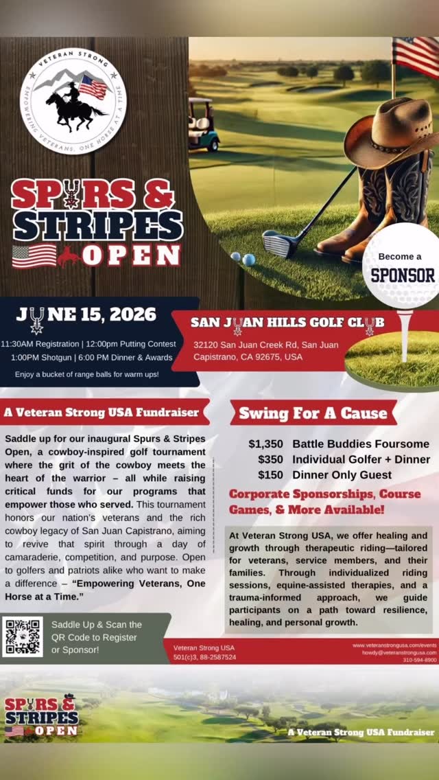 🤠🇺🇸 Saddle up for a cause that matters! 🇺🇸🤠
The 2nd Annual Veteran Strong USA Spurs & Stripes Golf Tournament is coming in HOT — and you won’t want to miss it! ⛳🔥
Join us for a one-of-a-kind, cowboy-themed day on the course where community meets purpose. Whether you’re swinging for birdies or just here for the boots, BBQ, and brotherhood/sisterhood….this event is all about honoring our veterans and changing lives.
💥 Every swing helps support veterans facing PTSD, TBI, anxiety, depression, and the challenges of reintegration.
🐎 Your participation fuels our equine-assisted programs and wrap-around services that bring healing, connection, and hope.
So grab your hat, rally your team, and get ready to tee off for those who’ve served 🇺🇸
👉 Spots are limited — sign up, sponsor, or donate today!
👉 Let’s ride together for our veterans
#SpursAndStripes #VeteranStrongUSA #GolfForACause #SupportOurVeterans #TeeOffForHeroes