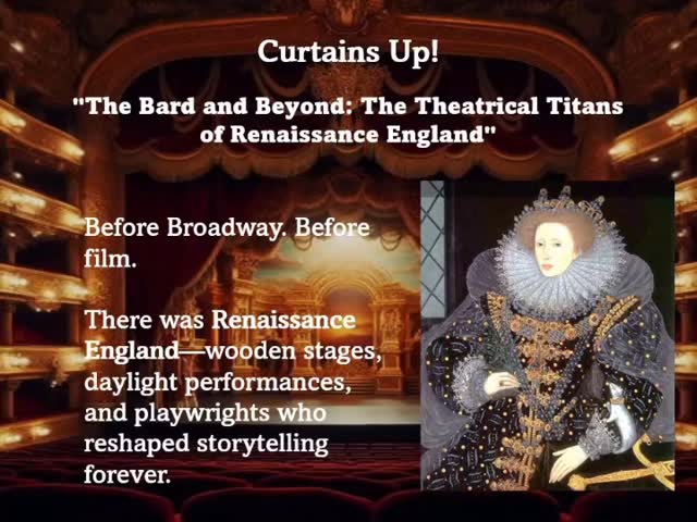 🎭 Before Broadway. Before film.
�There was Renaissance England. Wooden stages, daylight performances, and playwrights who reshaped storytelling forever. ⚔️ 🛡️
The English Renaissance reached its theatrical height during the reign of Queen Elizabeth I, whose era fostered artistic growth and innovation. 👑
Playwrights such as Christopher Marlowe, Thomas Kyd, and John Webster expanded the scope of drama through complex characterization, rich language, and themes of ambition, revenge, and morality, shaping the future of Western theater. 💀 ⚔️ 🔥
Tune in to explore the artistry, the innovation, and the social impact of this transformative period in theater!
#RenaissanceTheater
#Shakespeare
#TheaterHistory
#EnglishRenaissance
#TheaterLovers