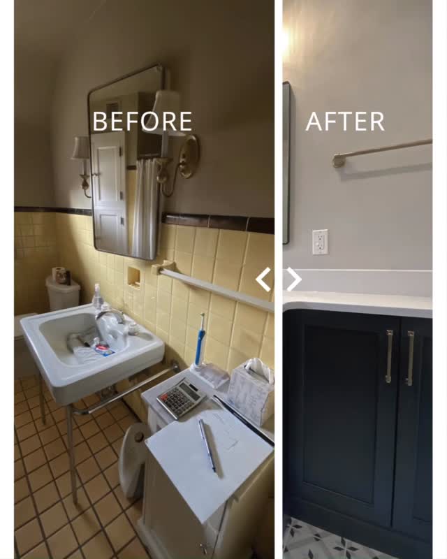 From dated to ELEVATED, see what @anniemillerdesigns can do for your home! 🏠 #cincinnatidesigner #cincinnatidesign #bathroomdesign #bathroomdesigner #beforeandafter