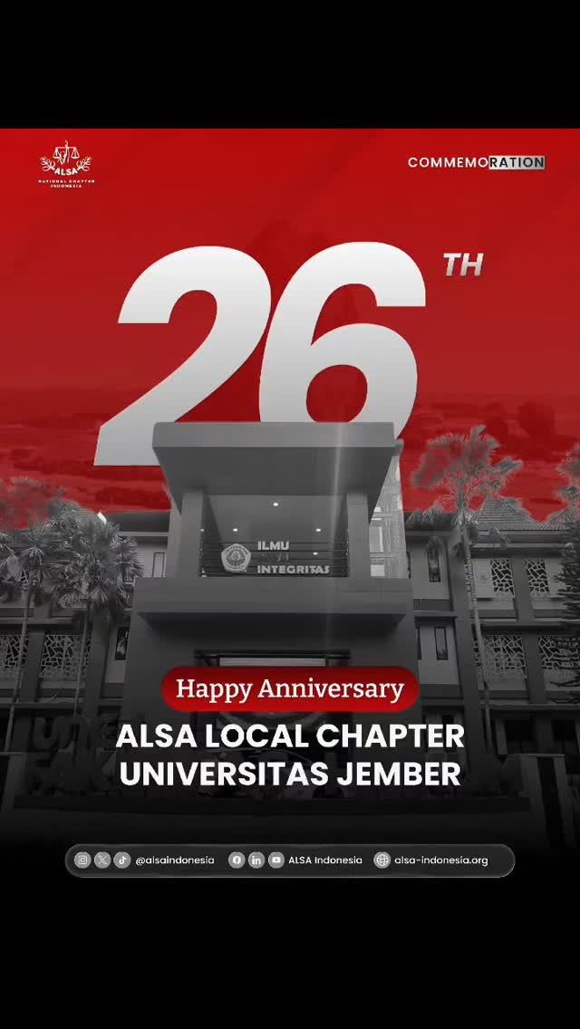 Warm Greetings, ALSAians!
ALSA Indonesia would like to congratulate our beloved ALSA LC Universitas Jember for its 26th Anniversary.
We wish ALSA LC UJ continued success in the promising future ahead. Here is to even greater achievements on the horizon. All the best for the organization's continued growth and excellence!
ALSA, Always be One!