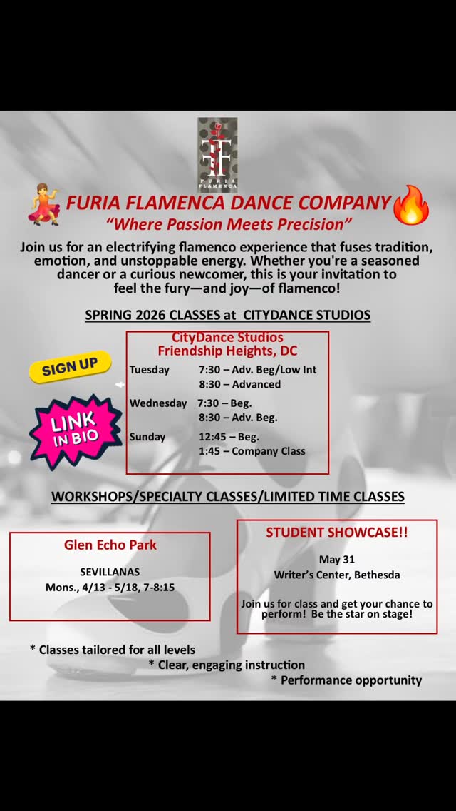 🌸💃 Spring into Flamenco!
Our Spring 2026 flamenco classes start THIS WEEK @citydancestudios — and yes, you can absolutely be onstage with us this season.
🔥 Train with Furia Flamenca
🌟 All levels welcome
🎭 And the best part: Join class now and you can perform in our Student Recital on May 31 AND June 7 (Tuesday, 7:30 class only)
This is your moment to be a star on stage.
Come dance with us! — grab your shoes, your energy, and let’s dance into spring together.
#Flamenco #DMVDance #LearnFlamenco #DanceDC #FlamencoClasses