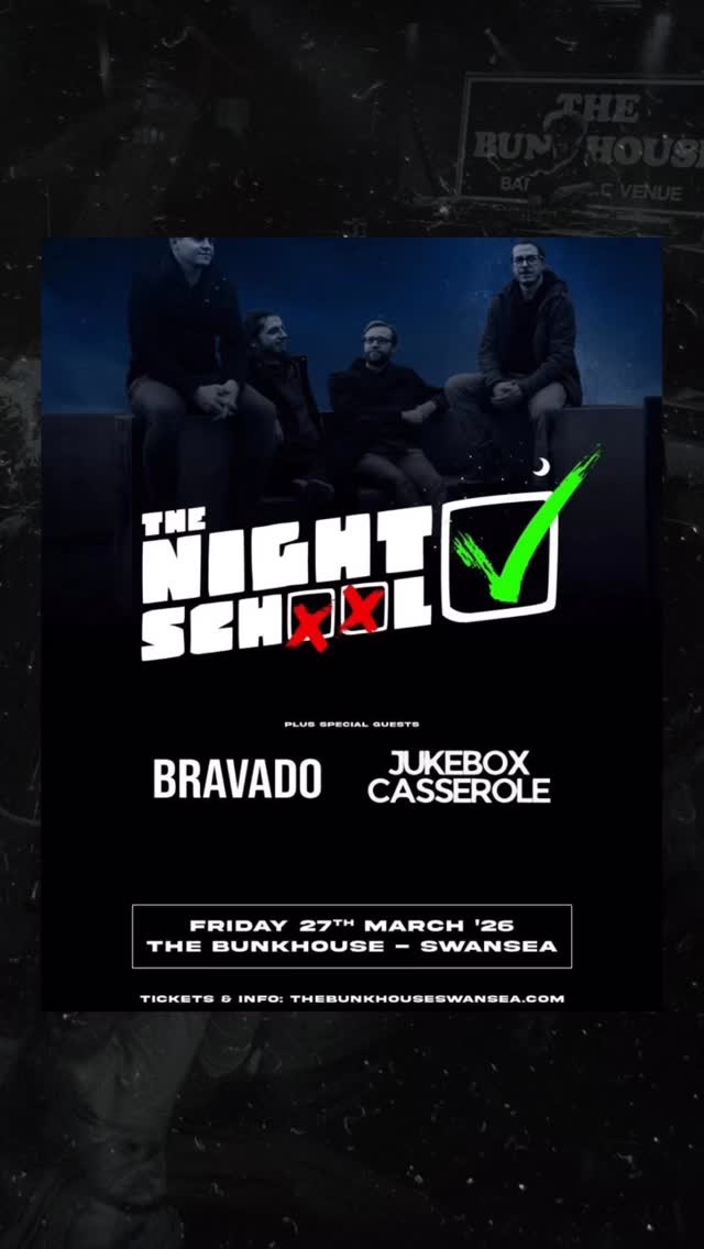 FRIDAY: ððð ððððð ððŸðððð
Itâs a hometown headliner for the Welsh rock outfit! ð¥
The distinctive and anthemic, bi-lingual rock 4-piece return with new music, celebrating their first headline show in 2 years.
@the_night_school_band are joined by special guests:
⢠BRAVADO - Indie-rock (Cardiff) @bravado.band
⢠JUKEBOX CASSEROLE - Indie-rock (Swansea) @jukebox_casserole
ð Doors 18.00
GET TICKETS †tinyurl.com/the-night-school-bunkhouse / thebunkhouseswansea.com / Link in Bio