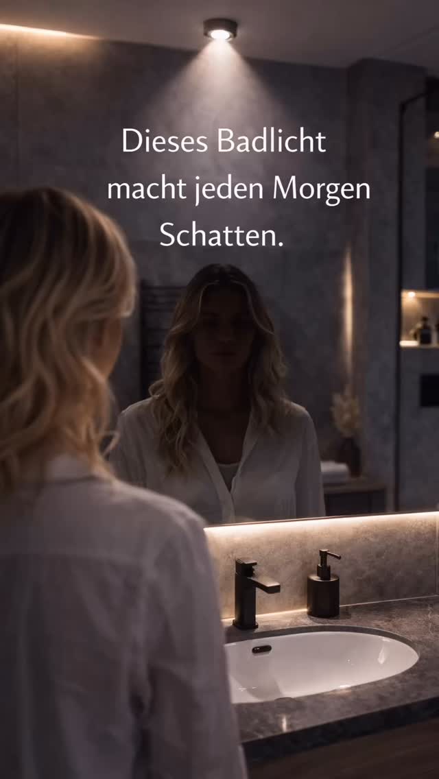 Viele Badezimmer haben genug Licht,
aber das falsche.
Wenn der Spot über dem Kopf sitzt,
entsteht jeden Morgen Schatten im Gesicht.
Die Lösung ist simpel:
Licht muss von vorne kommen.
Wenn ihr gerade euer Bad plant,
schreibt mir „Licht“.
Ich schaue mir euren Plan an,
bevor es umgesetzt wird.