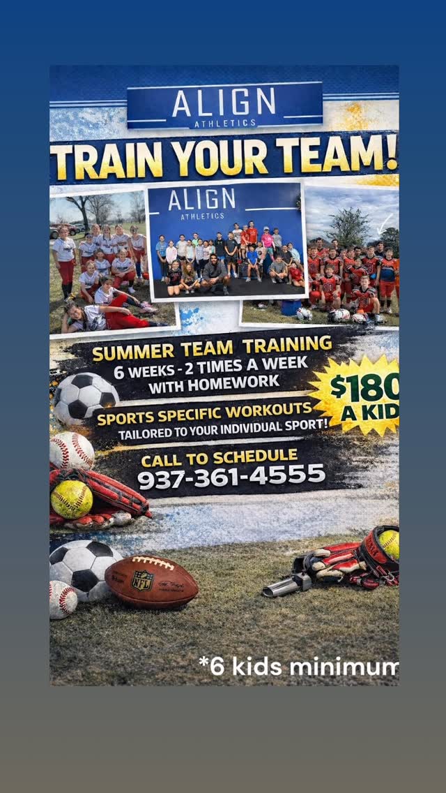 Train your team this summer.
6 weeks. 2 sessions each week. 1 homework workout.
Sports specific training that carries over to the field.
$180 per athlete
Minimum 6 athletes
Call to schedule
937-361-4555
Lock in your team.
#thealignathletics #youth #youthtraining #cypress