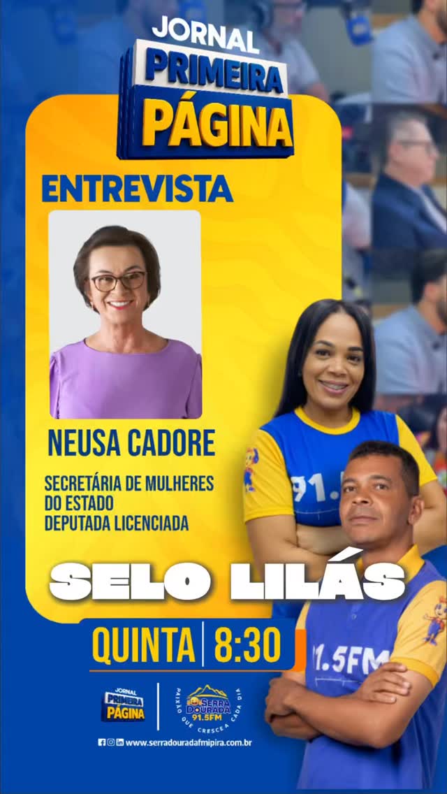 Na Rádio Serra Dourada FM Neusa anuncia certificação do Selo Lilás 2026. O evento ocorrerá na próxima segunda-feira em Salvador. Fique ligada e ligado em @spmbahia para mais informações.