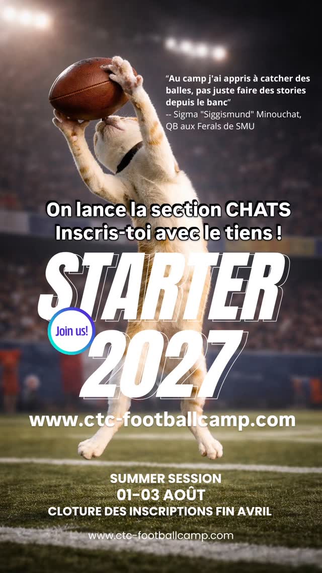Le CTC footballcamp lance sa section CHATS !
Inscris-toi au camp avec le tiens ! 🐟
📅 01-03 août 2026,
🇨🇵 Toute la france, toutes les teams,
🏈 3 jours de foot US,
🧭 Un centre pour pros @centre_sportif_bellecin
❗️Cloture fin avril
www.ctc-footballcamp.com
🧡 De super partenaires @spiralfootball
@n_zone_equipment
Photo courtesy by @sigma.le.chat 🐈