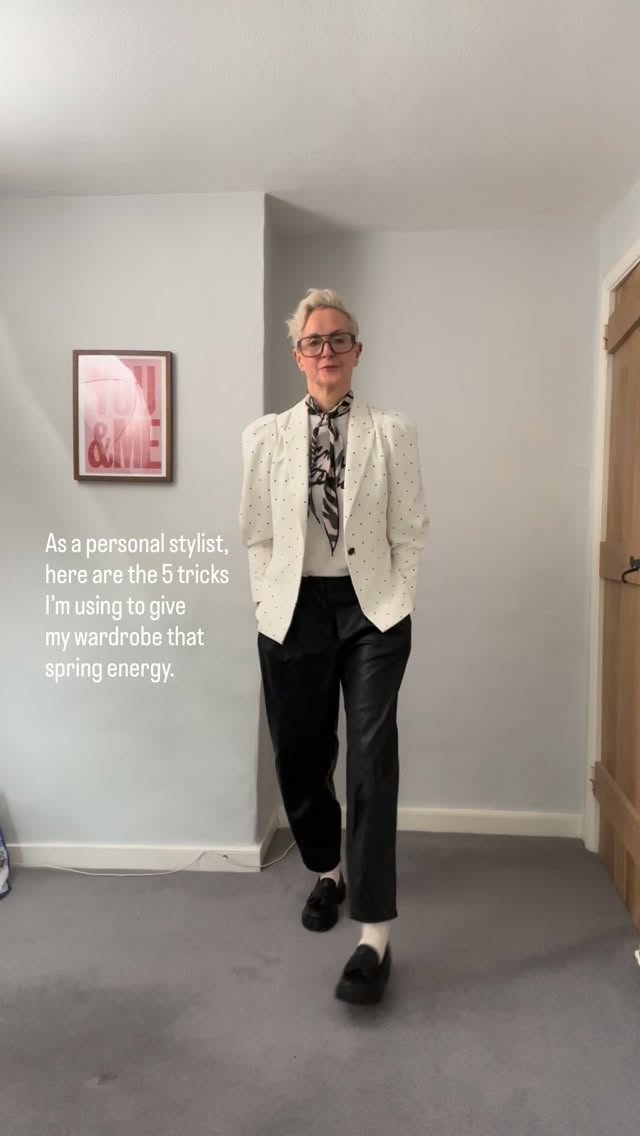 1. Don’t blindly shop. Make notes, or a moodboard, of the looks you’re loving. Don’t just click the buy button.
2. Bring the lighter clothes (colour and material) on your rail forward so you can see them. But don’t pack away the dark ones yet.
3. Pick out any spring (Easter) colours - blue, yellow, pink, cream and find ways to wear them near your face.
4. If going for patterns - florals, polka dots or gingham always feel cheery.
5. Find ways to wear them, even if it’s several layers under a dress or blouse.
Wear your wardrobe. If you’re stuck and need a hand editing it, then I’m your gal.
Or if you want ‘Cartoon Villain’ vibes as one of my sons told me this outfit gives off, then here you go.