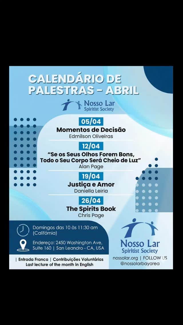 Nosso Calendário de Palestras do Mês de Abril para você ficar antenado e não esquecer. Espero te ver lá 😉💙