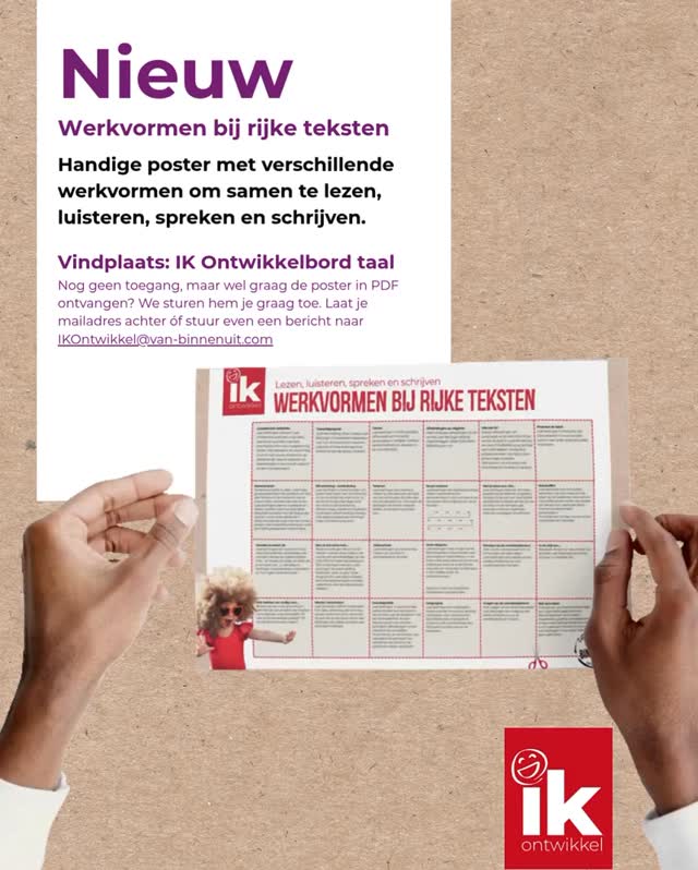Steeds meer scholen kiezen voor het werken met ๐ฟ๐ถ๐ท๐ธ๐ฒ ๐๐ฒ๐ธ๐๐๐ฒ๐ป. Maar wat kun je allemaal met zoโn tekst? Ter inspiratie maakten we een handige poster met verschillende werkvormen om samen te lezen, luisteren, spreken en schrijven.
Je kunt de poster op verschillende manieren gebruiken.
* Hang hem op in je groep en streep af welke werkvormen je al hebt gedaan.
* Knip de kaartjes uit en trek iedere week een nieuw kaartje om mee aan de slag te gaan.
* Gebruik de poster in een teamoverleg. Kies ieder een werkvorm om de komende periode uit te proberen en wissel daarna ervaringen uit.
* Kies elke week een vakje van de poster en probeer die werkvorm uit met je groep.
De poster ๐ช๐๐ฅ๐๐ฉ๐ข๐ฅ๐ ๐๐ก ๐๐๐ ๐ฅ๐๐๐๐ ๐ง๐๐๐ฆ๐ง๐๐ก (PDF) en alle materialen voor het ontwerpen, uitvoeren en evalueren van goed taalonderwijs vind je op het IK Ontwikkelbord ๐๐ฎ๐ฎ๐น.
โ
Nog geen toegang tot de omgeving, maar wel graag de poster ๐ช๐๐ฅ๐๐ฉ๐ข๐ฅ๐ ๐๐ก ๐๐๐ ๐ฅ๐๐๐๐ ๐ง๐๐๐ฆ๐ง๐๐ก in PDF ontvangen? We sturen hem je graag toe. Laat je mailadres achter รณf stuur even een bericht naar IKOntwikkel@van-binnenuit.com ๐
#ikontwikkel #rijketeksten #ikontwikkeltaal