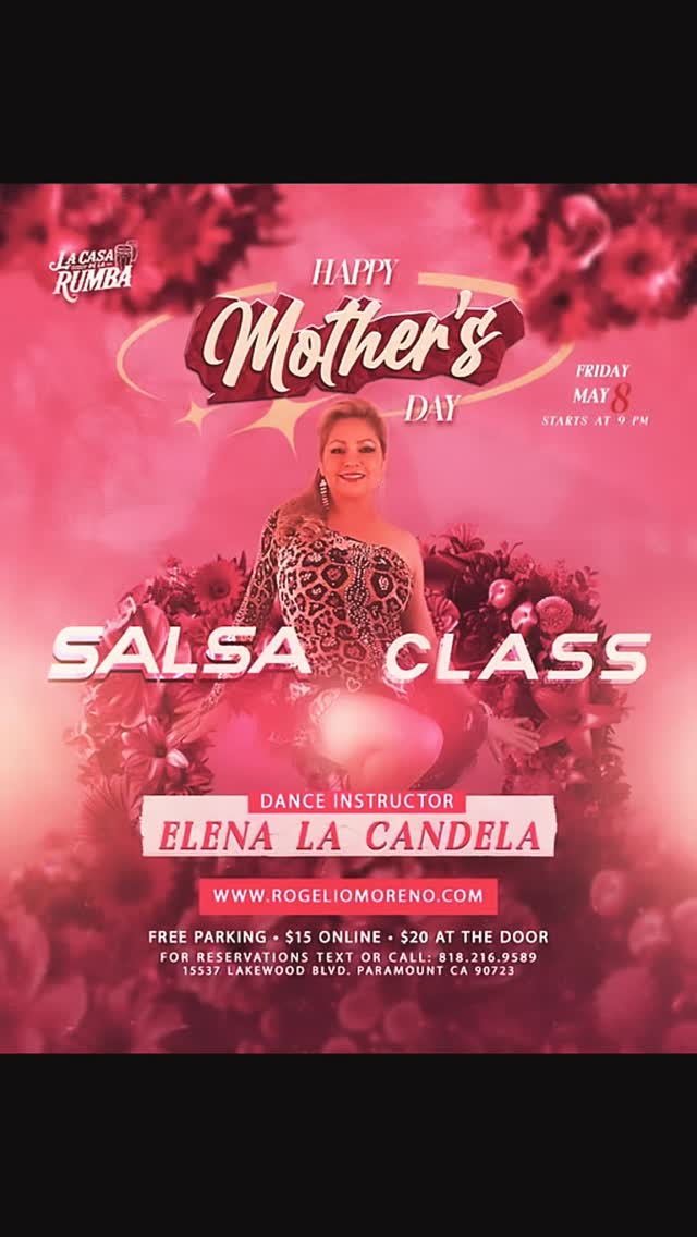 πΉπ MOTHERβS DAY SALSA CLASS ππΉ
π
Friday, May 8
π La Casa de la Rumba β Paramount
Celebrate Motherβs Day on the dance floor with a special Salsa Class led by
π₯ Elena βLa Candelaβ π₯
π Starts at 9 PM
Perfect for all levelsβcome learn, have fun, and enjoy the energy of a beautiful night dedicated to celebrating moms.
ποΈ $15 online | $20 at the door
π Free parking
π 15537 Lakewood Blvd, Paramount, CA
π² Info: 818-216-9589
π www.rogeliomoreno.com
Celebrate, dance, and make it a night to remember.
#MothersDay #SalsaClass #ElenaLaCandela #LaCasaDeLaRumba #LatinDance Salsa DanceNight ParamountCA CelebrateMom