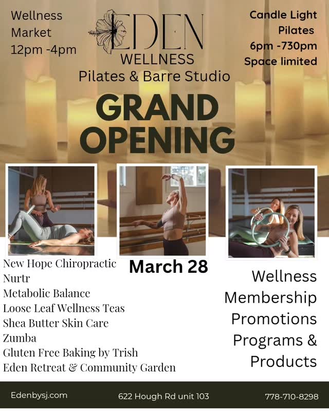 Come say Hi on Saturday for Eden's
GRAND OPENING 🎉🥳
We are hosting a Wellness Market!
There will be a massage therapist doing chair massage!
And We will have Hibiscus 🌺 tea!
#sunshinecoast #gibsons #pilates