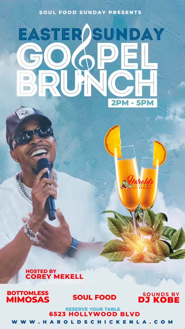 EASTER SUNDAY 🥂G O S P E L B R U N C H🥂
Live Band + Soul Food + Bottomless Mimosas
Hosted by @coreymekell
Live band @markthemogul experience
🐔 Harold’s Chicken
Chicago’s Famous Chicken & Mild Sauce⠀
📍6523 Hollywood Blvd
Link in bio!