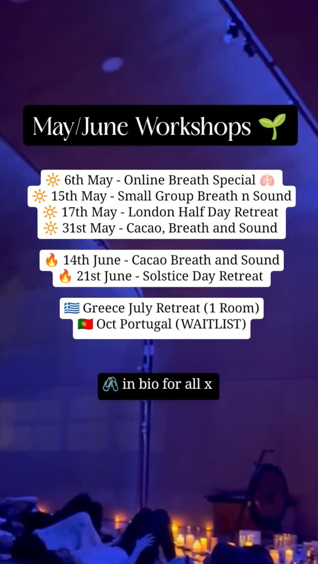 Summer is coming and I am READYYYY! ☀️
A deep dive of workshops to explore this May and June - day retreats, online, conscious connected breathwork, Cacao, sound and more.
Come alone, come with a mate, come exactly as you are.
Events do tend to book up, so early booking recommended ❤️
Would adore to have you
Xxxx
Jenny
#cacaocircle #consciousconnectedbreathwork #londonbreathwork #soundbathlondon #londonbreathwork