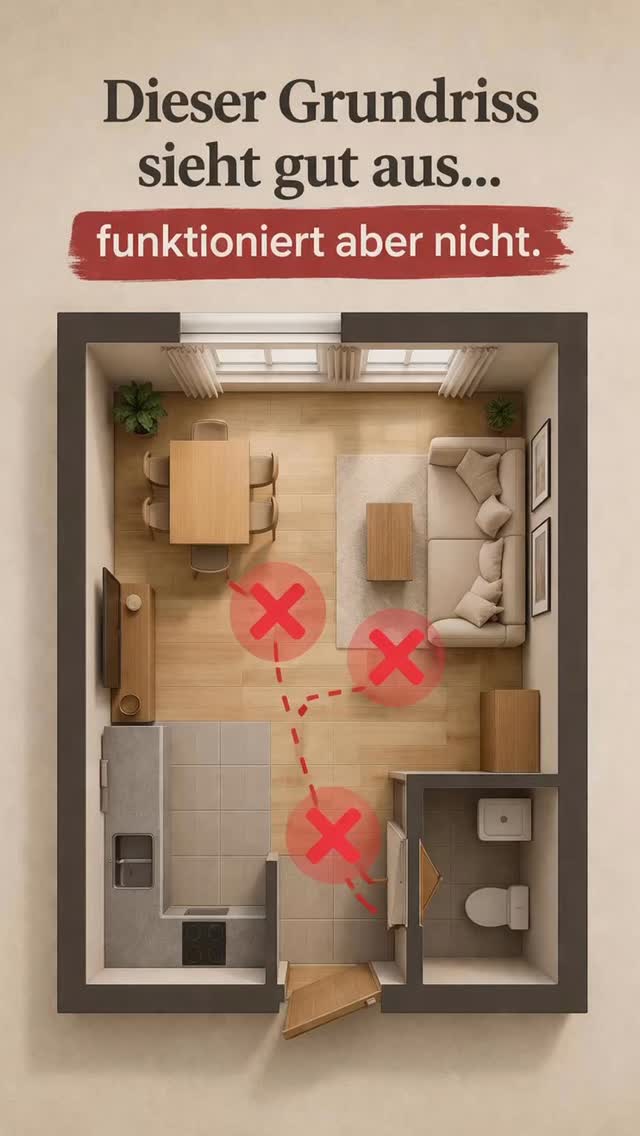 Ein Grundriss kann auf den ersten Blick gut aussehen.
Aber das bedeutet nicht, dass er auch funktioniert.
Zu enge Wege.
Unklare Aufteilung.
Möbel, die den Alltag blockieren.
Und genau das merkt man oft erst,
wenn man schon darin lebt.
Der Unterschied liegt im Detail –
und genau da setze ich an.
Wenn du dir bei deinem Grundriss unsicher bist:
Schreib mir „GRUNDRISS“ und zeig mir deinen Plan.