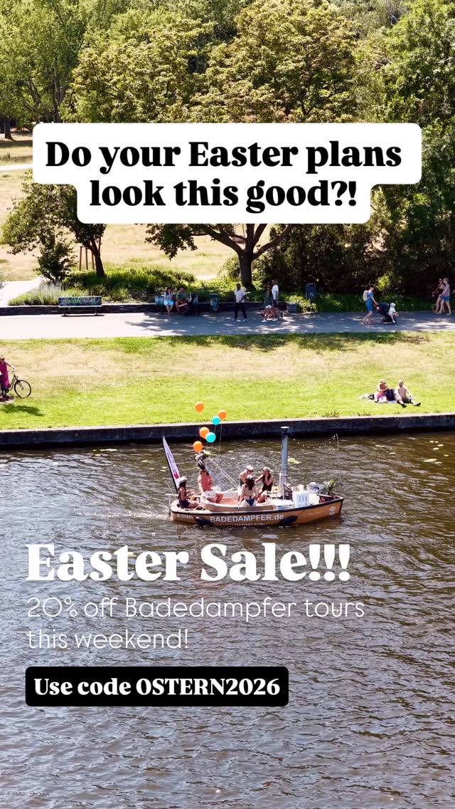 Do your Easter plans look this good?! 🐣🔥
If not… we should fix that.
This weekend only: 20% off all Badedampfer bookings – because chocolate eggs are great, but floating in hot water on the Spree? Better.
Gather your crew, bring the vibes, and let the city drift by 🌊
Spring is doing its thing… and so should you.
Use code OSTERN2026 at checkout.
Spots are limited – once they’re gone, they’re gone.
See you on the water 😉
#badedampfer #thingstodoinberlin #spreeberlin #berlin #floatingtub #exploreberlin #boatlife #treptowerpark #visitberlin #easterberlin