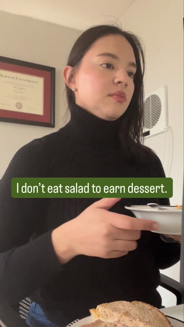 I hear this framing a lot:
Eating certain foods to “earn” others.
Over time, that can turn eating into something transactional — where food is tied to rules, compensation, or balance.
In reality, people often do better when meals are built around preference, satisfaction, and consistency.
Sometimes a salad is just a salad. 🥗
And sometimes dessert is just dessert. 🍰
They don’t need to justify each other.