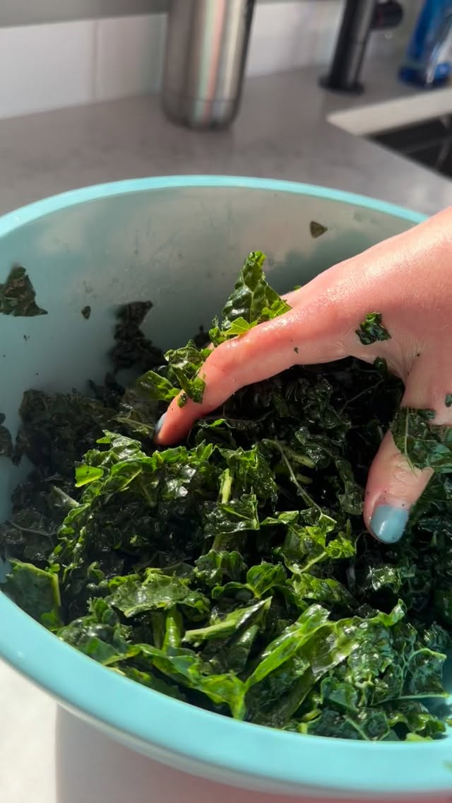 What I mean when I say, “massage the kale” 🥬 I am working the dressing into the kale and helping break it down to make it more tender without cooking. This is really helpful when eating raw, hearty leafy greens like kale, chard, or mustard greens #cooking #cookingtips #dinner #recipes #food
