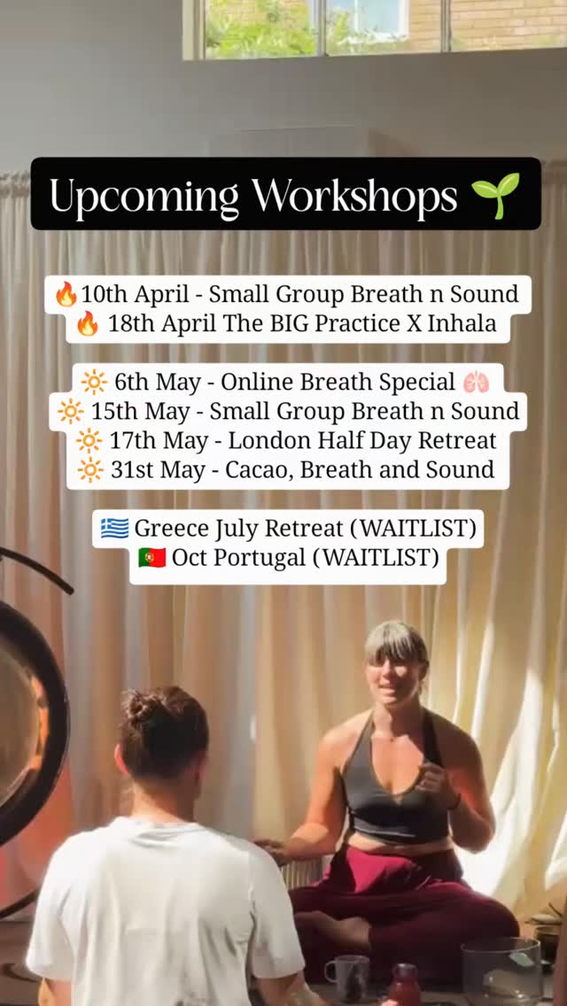 🔥UPDATED 🔥 - Upcoming Workshops 🌱
1 space left for 10th April 🌀
Big Practice 2/3 tickets gone ❤️🔥
2 x Brand new May practices added! 🌿
Multimodality practice to help expand, connect and to let you step into the fullest version of yourself.
Conscious Connected Breath, Body Work, Yoga, Sound and MORE.
Come alone, bring a friend, come exactly as you are 💜
Events do tend to sell out, so early booking is recommended (plus there's a few earlybird discounts 🐦).
Big love,
Jenny xxxx
.
.
.
.
.
.
.
.
.
.
.
.
#consciousconnectedbreathwork #londonyoga #soundbathlondon #cacaocircle #londoncacao