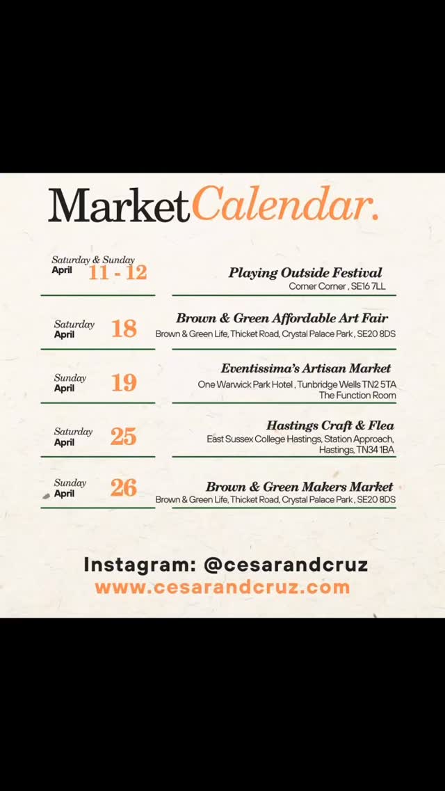 We’re on the road this April 🌿
Catch César & Cruz across the weekends:
📍 Crystal Palace
📍 Hastings
📍 Tunbridge Wells
📍 Canada Water (full weekend)
Come and experience our natural scents in person — slow down, have a smell, and find your favourite.
Save this so you don’t miss us ✨
#LondonMarkets#NaturalHomeFragrance #ShopSmallUK #MakersMarket #SustainableLiving