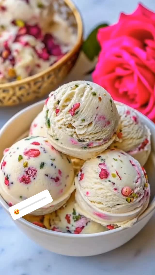 🍨 Pistachio Rose Ice Cream
⏱ Prep Time: 15 minutes
❄️ Freeze Time: 4–6 hours (or overnight)
🍽 Servings: 4–6
🛒 Ingredients
1 cup whole milk
1 cup heavy cream
½ cup sugar (adjust to taste)
3 tbsp rose water
2 tbsp pistachio paste or finely ground pistachios
2 tsp vanilla extract
Pinch of salt
Optional: chopped pistachios for garnish
👩🍳 Instructions
🥣 Heat base:
In a saucepan, combine milk, sugar, and salt. Heat over medium flame until sugar dissolves (do not boil).
🌹 Add flavors:
Remove from heat. Stir in heavy cream, rose water, vanilla extract, and pistachio paste. Mix until smooth.
❄️ Chill:
Let the mixture cool to room temperature, then refrigerate for 1–2 hours to chill thoroughly.
🍦 Freeze:
If using an ice cream maker: Pour chilled mixture into the machine and churn according to manufacturer instructions until creamy.
If no ice cream maker: Pour into a freezer-safe container and freeze. Every 30–40 minutes, stir vigorously with a fork to break ice crystals until smooth (repeat 4–5 times).
🌰 Serve:
Scoop into bowls or cones. Garnish with chopped pistachios and a drizzle of rose syrup if desired.
💡 Tips
For extra richness, replace part of milk with more heavy cream
Add a few drops of pink food coloring for a pretty pastel look
Keeps in the freezer up to 1 week in an airtight container
Perfect for a Middle Eastern-inspired dessert or special treat
Remix @med_iterraneanbites