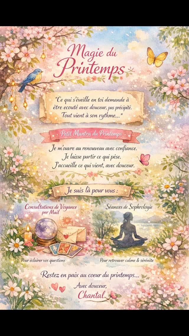 🌸✨ Magie du printemps… ✨🌸
Le printemps est là…
et avec lui, ce renouveau si particulier.
Une période où tout s’éveille 🌿
…mais où nos émotions peuvent aussi être plus intenses, plus sensibles.
Alors aujourd’hui, j’avais envie de vous offrir une petite carte intuitive 💫
💌 “Ce qui s’éveille en toi demande à être écouté avec douceur, pas précipité. Tout vient à son rythme…”
🌿 Mantra du moment :
Je m’ouvre au renouveau avec confiance.
Je laisse partir ce qui pèse.
J’accueille ce qui vient, avec douceur.
✨ Si vous ressentez le besoin d’y voir plus clair,
de retrouver du calme ou d’être accompagné(e)…
Je suis là pour vous 💖
🔮 Voyance par mail
🌿 Sophrologie
Prenez soin de vous…
et laissez ce printemps vous envelopper 🌸
Avec douceur,
Chantal ✨
#printemps #renouveau #bienetre #voyance #sophrologie developpementpersonnel energie intuition zen apaisement