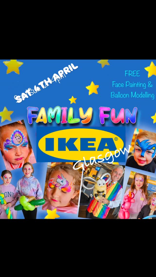 EASTER FUN AT IKEA BRAEHEAD
Come along to IKEA Braehead, this Sat 4th April for Face Painting, Balloons and Crafts.
Lots of Fun for all ages 12-4pm 🥳