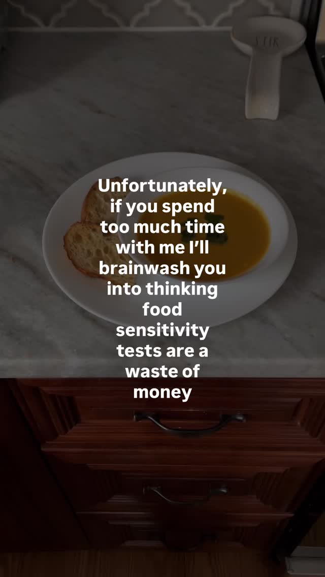I’m talking from experience because I spent $$$ on one when I was trying to get relief from my digestive issues that I suffered from for years but here’s why I don’t recommend them:
- The science isn’t solid
These tests measure IgG antibodies, but there isn’t strong clinical data proving they’re reliable. People have taken the same test twice and gotten different results.
- A food sensitivity is a symptom, not the root cause
This is the biggest reason why I’m not a fan. If foods are triggering a reaction, something deeper is going on (think gut health). These tests don’t tell you why it’s happening, just that it is (which yes, we know). It’s not root cause. Hint, hint, that’s why I use gut testing instead.
- They often lead to extreme restriction & stress
From experience, you get a LONG list of foods to avoid for months. That level of restriction can create more stress, more reactions, and a really unhealthy relationship with food, which actually makes healing harder. I think I lasted maybe 3 weeks because it was unrealistic to follow while also trying to live a somewhat normal life.
My approach instead:
There may be a season where certain foods need to come out, but focusing on the big offenders, for a short period, while addressing the root cause (gut testing baby!)
⭐️ If you want a more sustainable and effective way to feel better after gallbladder removal, DM or comment READY for more info